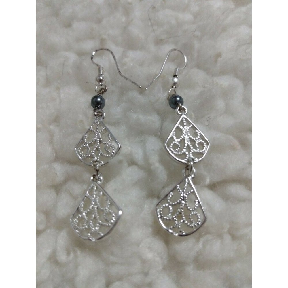 hematite Filigree Dangle drop fan Hook Earrings